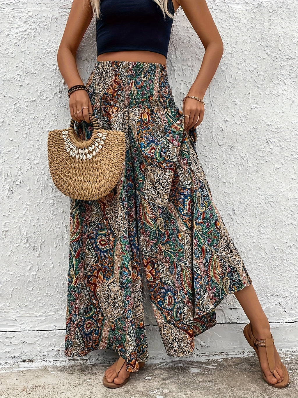 Directed Bohemian Paisley Elastic Waist Pants Skirt Casual Loose Wide Leg Pants - Mixed colors