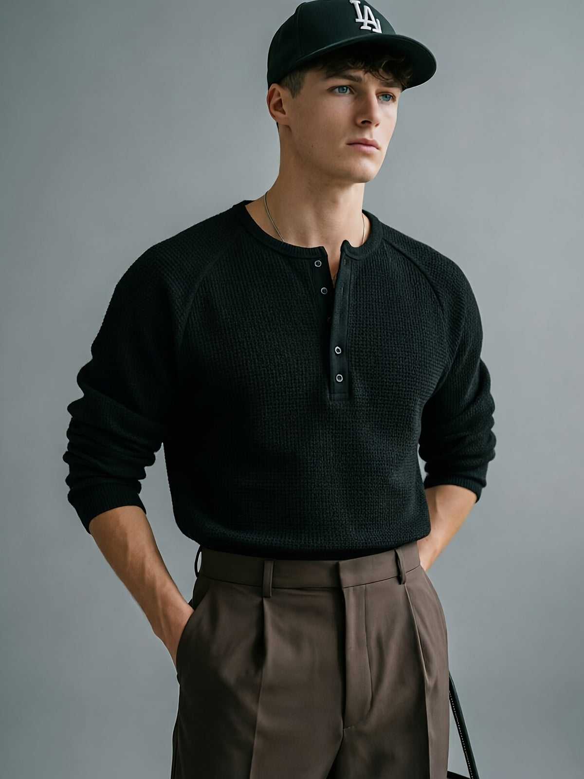 3pcs Men's Waffle Knit Henley Long Sleeve Shirts, Casual Button- Crew Neck Pullovers, Essential Everyday Outfit Set - Black+white+black
