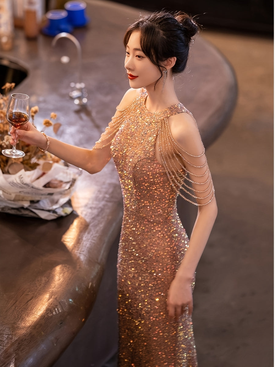 Stunning Evening Gown Women'S New High-End Light Luxury Niche Premium Sense Banquet Annual Meeting Temperament Socialite Fishtail Dress Host Adult Ceremony Graduation Gift Party Dress Dress - Rose Golden