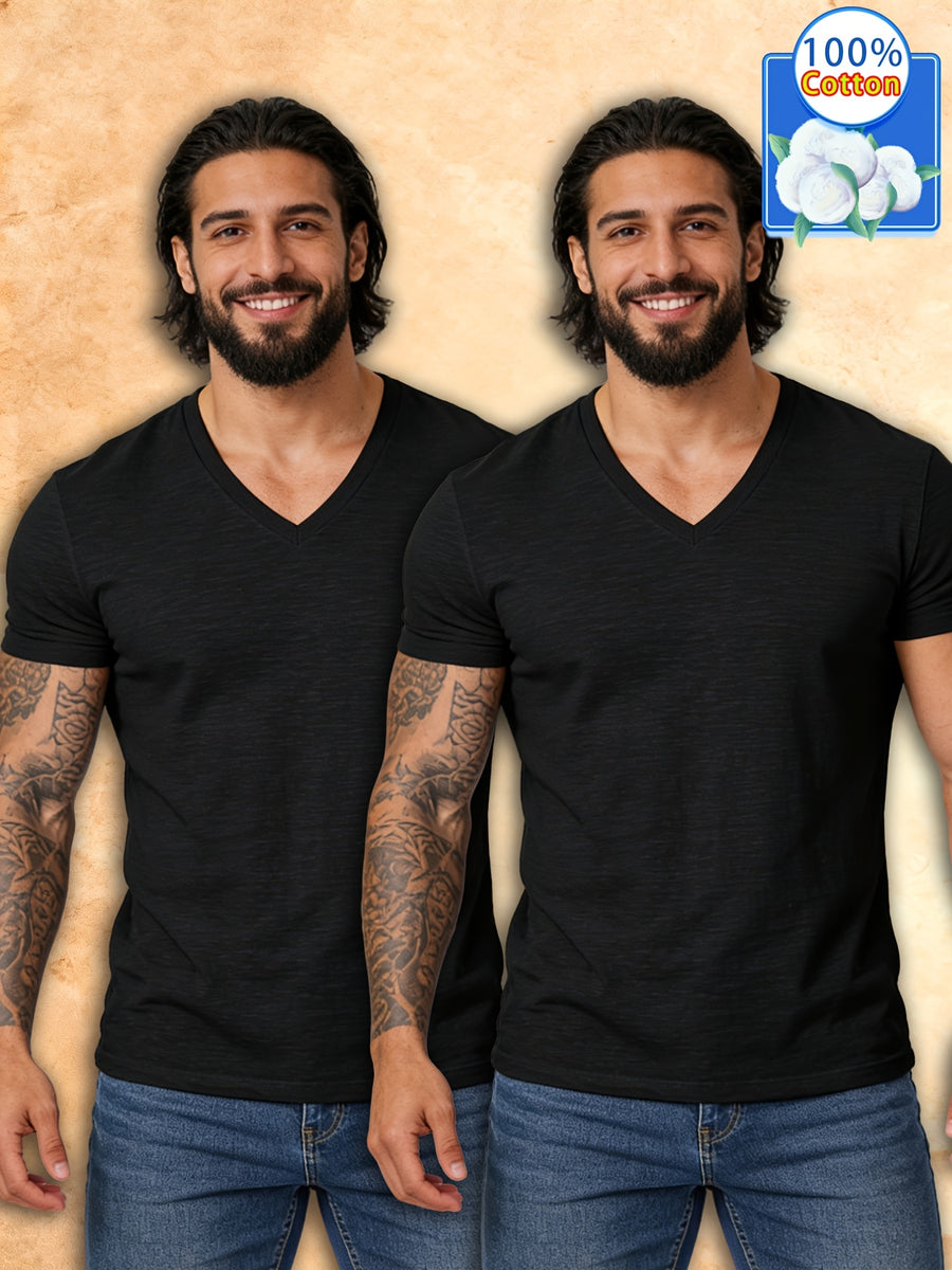 2pcs Set Men'S Summer Pure Short Sleeve T-Shirts Trendy Versatile Fresh Breathable Soft Outerwear - Mixed Color 3
