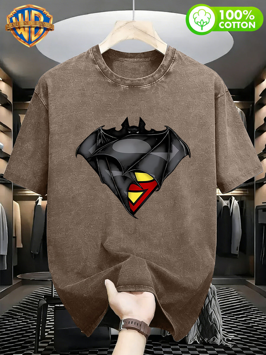 Men'S Loose DC Crossover T-Shirt "Batman And Superman Logo", Men'S 100% Washed Casual Comfortable All-Match Loose Summer Short Sleeve T-Shirt, Suitable for Outdoor Wear, Gym, Office, And Daily Fashion - Khaki