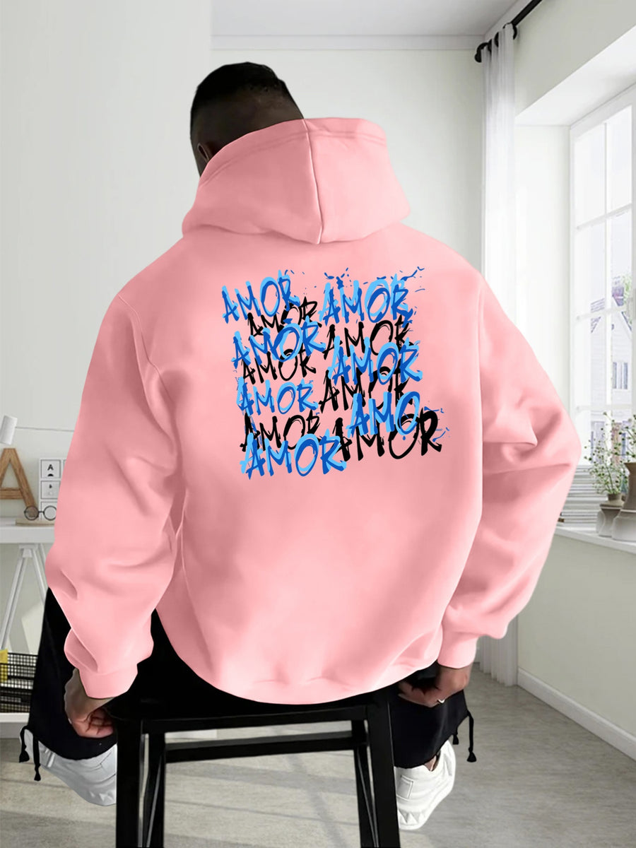 Thanksgiving Men's Hoodie with "AMOR" Blue Ink Splatter Graffiti Print on the Back, Warm and Comfortable Autumn/Winter Hooded Sweatshirt, Featuring a Practical Kangaroo Pocket, Trendy Brand-Style Stacked Letter Pattern and Floral Design - Pink