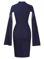 Women Elegant O-Neck Cape Cocktail Party Bodycon Dress - Navy Color