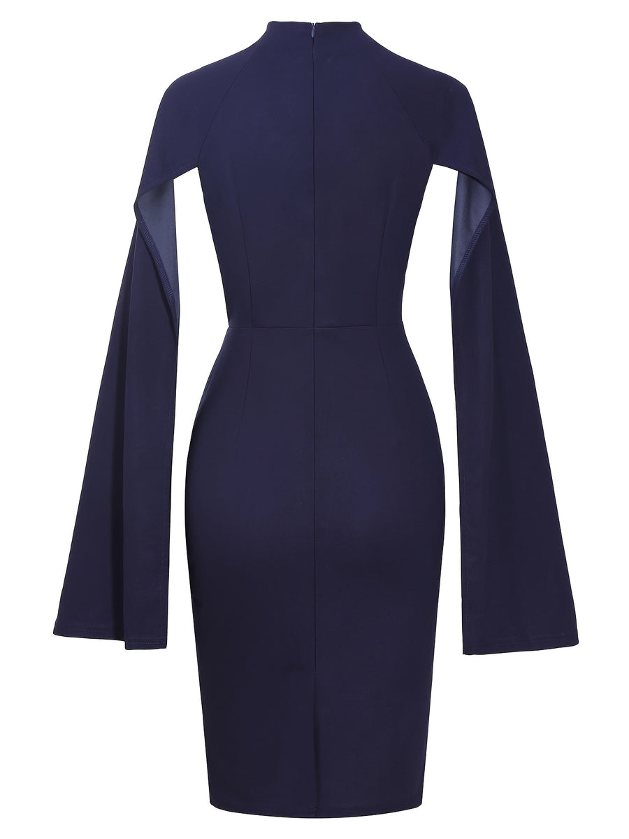 Women Elegant O-Neck Cape Cocktail Party Bodycon Dress - Navy Color