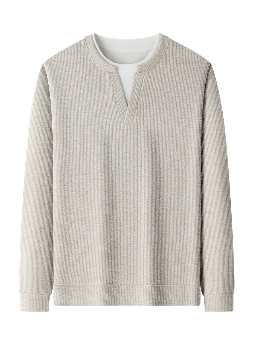 Spring And Autumn Men'S Pinstripe Knit Faux Two-Piece Sweatshirt Easy Small Lapel Fit Comfortable Skin-Friendly Casual Commuting Long Sleeve Pullover Sweater - Off White