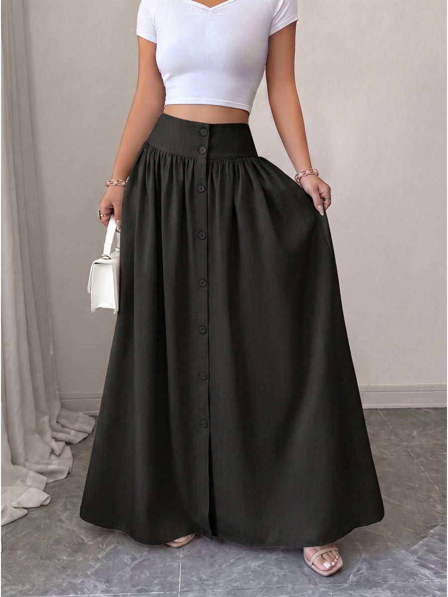 Women'S Button-Long Skirt, Fashionable Versatile Vacation Office Christmas Date Spring Autumn New - Black