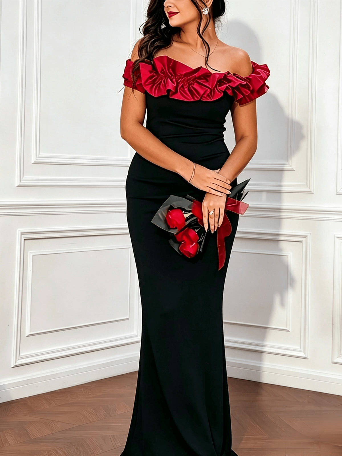 6166 Elegant Burgundy Cloud Off-Shoulder Gown. No Pleats/Ruffles/Arm Coverage, Figure-Flattering, Stretchy Comfortable Fabric, Machine Washable. Dating//Dinner/Birthday Party, Romantic Valentine'S Day, Evening Dress/Fashionable Elegant Evening Gown - Black