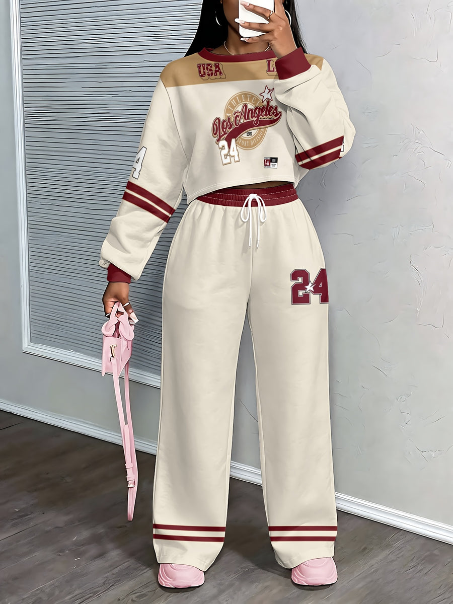 Drop-shoulder High-waist Sweatshirt and Wide-leg Printed Jogging Pants 2pcs Tracksuit Set - Mixed colors