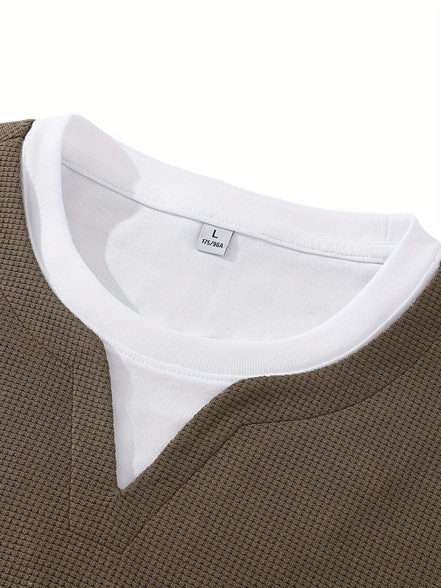 Men's Long-Sleeve T-Shirt, New Spring/Autumn Waffle Knit Fabric Top, 2-in-1 Look Design, Crew Neck Solid Color Base Layer Shirt - Coffee Color