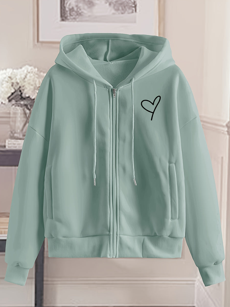 Love Print Hooded Zip-Up Sweatshirt Women'S Loose Casual Basic Cardigan Jacket - Viridity