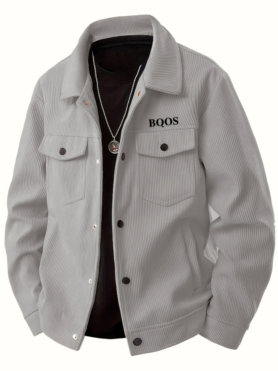 Men's American-style Corduroy Casual Jacket, Simple Casual Style, Lapel Collar, Single-Breasted with Multiple Pockets, Letter Embellishment, Comfortable Draping Fabric, Versatile Men's Apparel for Office Workers' Commuting and Outings in Spring - Grey