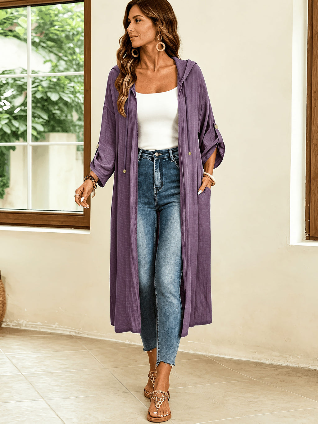 1pc Women'S Bohemian Style Gray-Purple Mid-Length Hooded Cardigan, Featuring Loose Open Front Style, Adjustable Ruffled Sleeve Cuffs And Practical Pockets, Suitable for Travel, Beach Vacation And Casual Leisure Wear - Purple