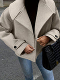 Women's Large Turn- Collar Decorative Button Long Sleeve Casual Loose Coat - Gray Apricot
