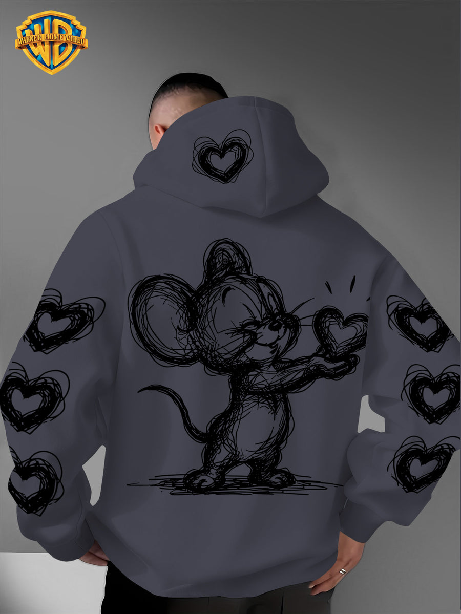 Warner Bros. Officially Licensed Men's Hoodie, Featuring Retro-style Cartoon Character Heart-shaped Pattern Design, Hand-drawn Sketch Art Print, Suitable for Casual Streetwear, Ideal for Daily Wear, for Travel or Weekend Outings - Dark Gray