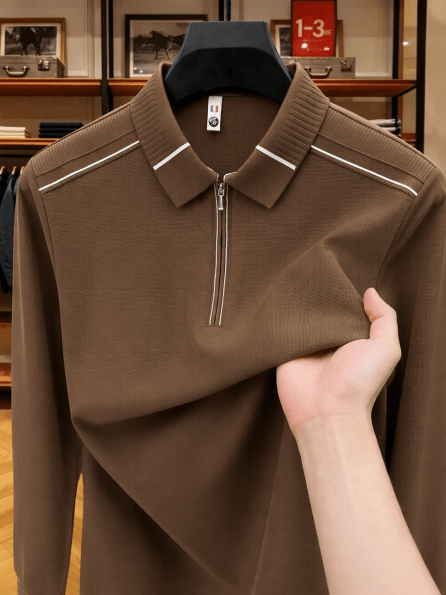 Men'S Clothing Golf Fishing Tennis Sports Solid Color Long Sleeve Lapel Polo Shirt New Long Sleeve T-Shirt Men Half Zip Seamless Polo Shirt Business Menswear Spring Autumn Casual Top Zip Lapel Tee Loose Daily Wear for Middle-Aged Men - Coffee Color