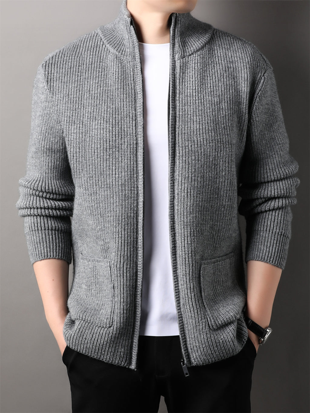 Autumn Winter Knit 3D Solid Mid-High Neck Sweater, Basic Knit Cardigan for Men, Fashionable Long-Sleeve Jacket, Monj - Grey