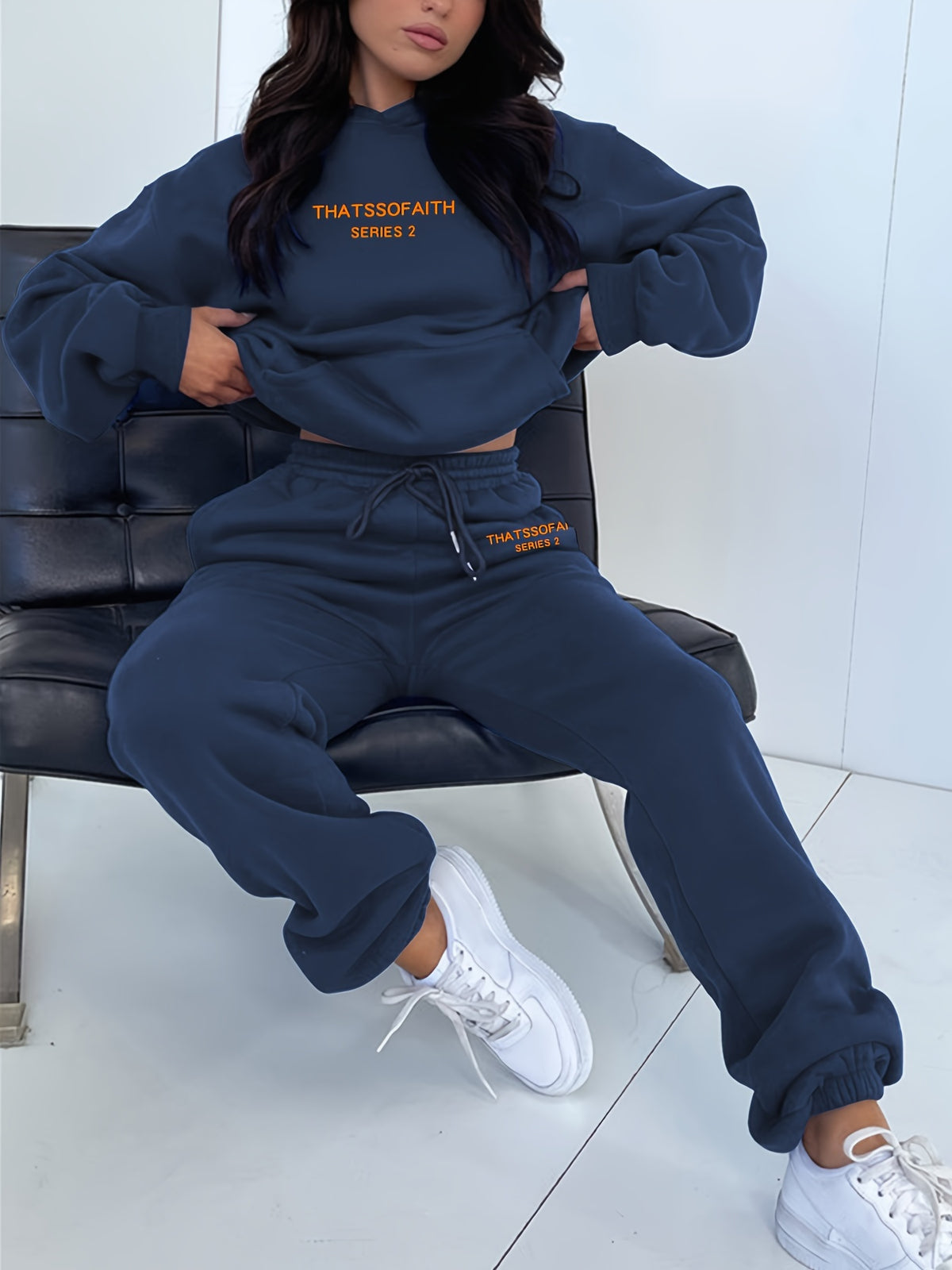 Women'S Letter Print Sweatshirt And Long Pants Fashion Outfit - Navy Color