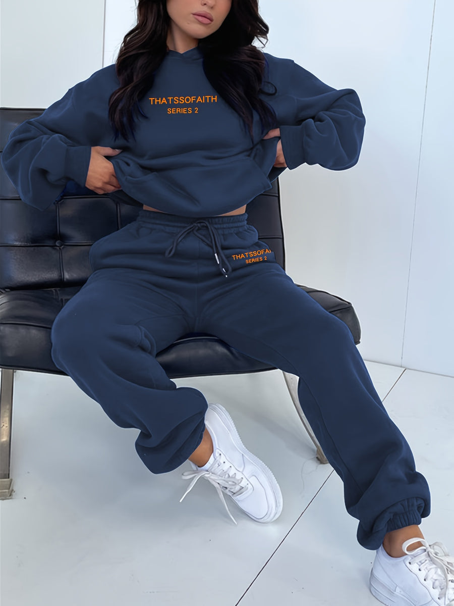 Women'S Letter Print Sweatshirt And Long Pants Fashion Outfit - Navy Color
