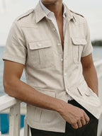 Trendy Men'S New Multi-Pocket Short Sleeve Guayabera Shirt! Retro Style with Epaulet Design, Full of Presence. Four Large Patch Pockets, Practical And Stylish, Comfortable Fabric, Breathable And Non-Stuffy - Khaki