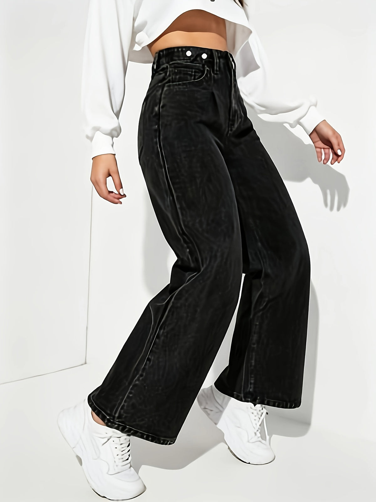 Autumn Winter Summer Women'S Denim Black Ear Stud Straight Wide-Leg Casual Fashion High-Waist Jeans - Black