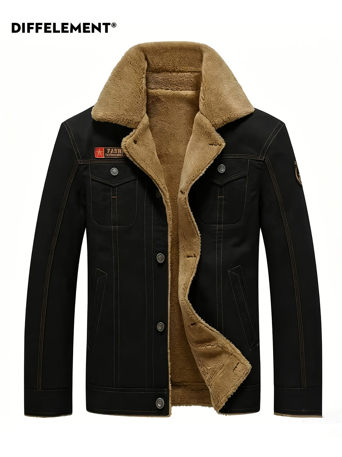 Men's Large Lapel Denim Work Jacket, Thickened for Locking in Heat and Cold Resistance, Wear-Resistant Washed Twill Workwear Fabric, Slim Fit Vintage Biker Style, Autumn/Winter Streetwear Commuter Biker Outfit, Full Lining, Chest Flap Patch Pocket - Black