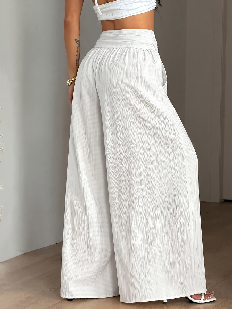 Women's Autumn/Winter Elegant Casual Vacation Solid Color Loose Textured Wide-Leg Pants - Off-white