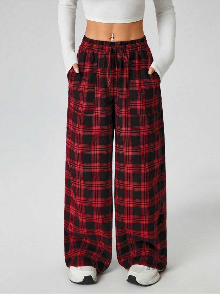 PETITE Women'S Autumn Winter Plaid Wide Leg Pants with Pockets - Burgundy
