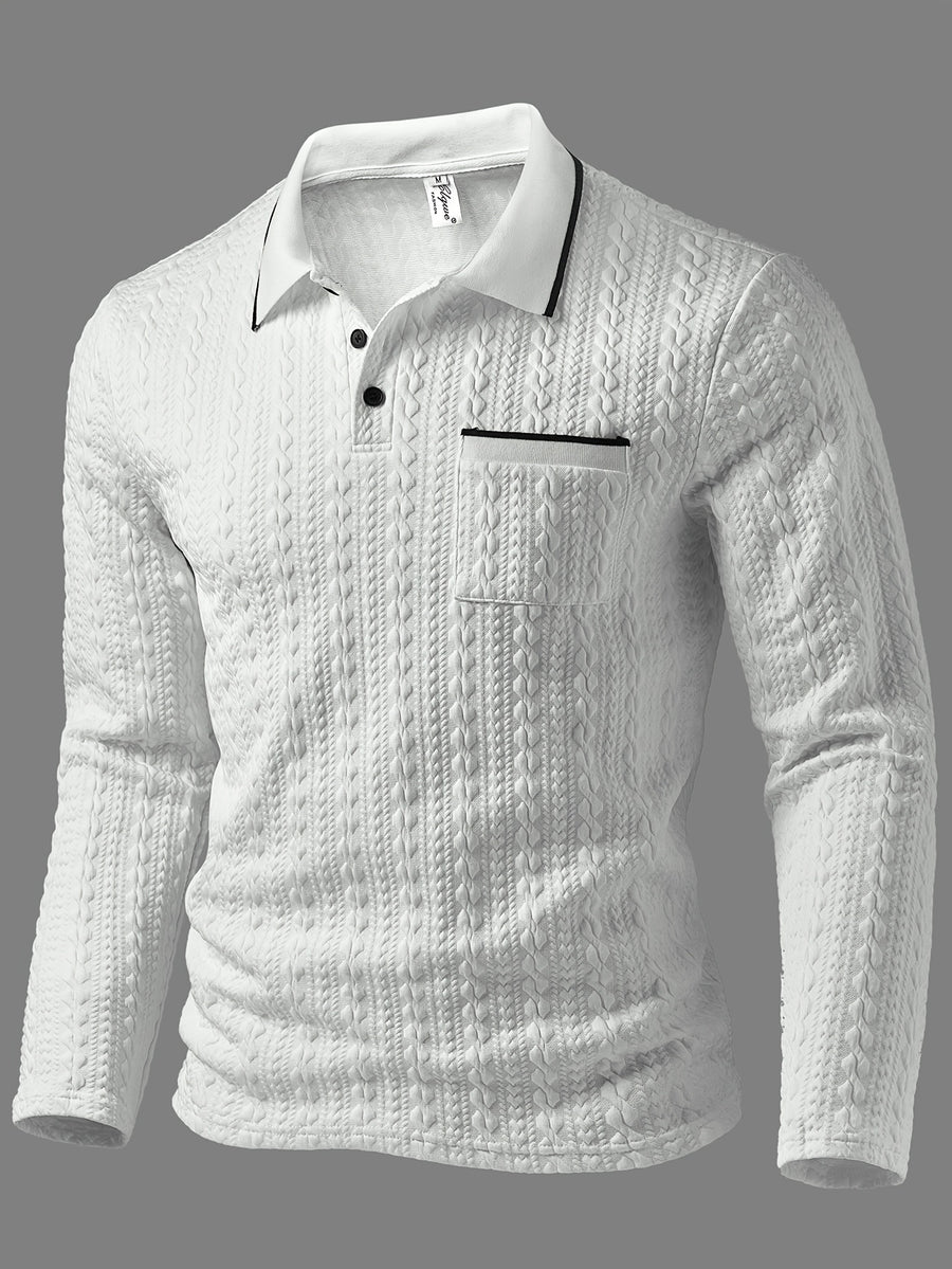 Men's Polo Shirt with a Simple Collegiate Style, Featuring a Three-dimensional Herringbone Texture Fabric, a Lapel Collar, and Long Sleeves. It Has a Three-button Placket, Contrast-color Collar Trim, and a Chest Patch Pocket Design, Making It - White