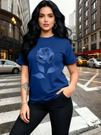 Color Series - Multicolor Light And Dark Gradient Easy Fresh Style Rose Pattern Printed T-Shirt, Casual Outing Wear, Single Wear Or Layered with Jacket, Multi-Layered, Suitable for Travel Vacation, Casual, Free And Unrestrained, Sister Outfit - Blue