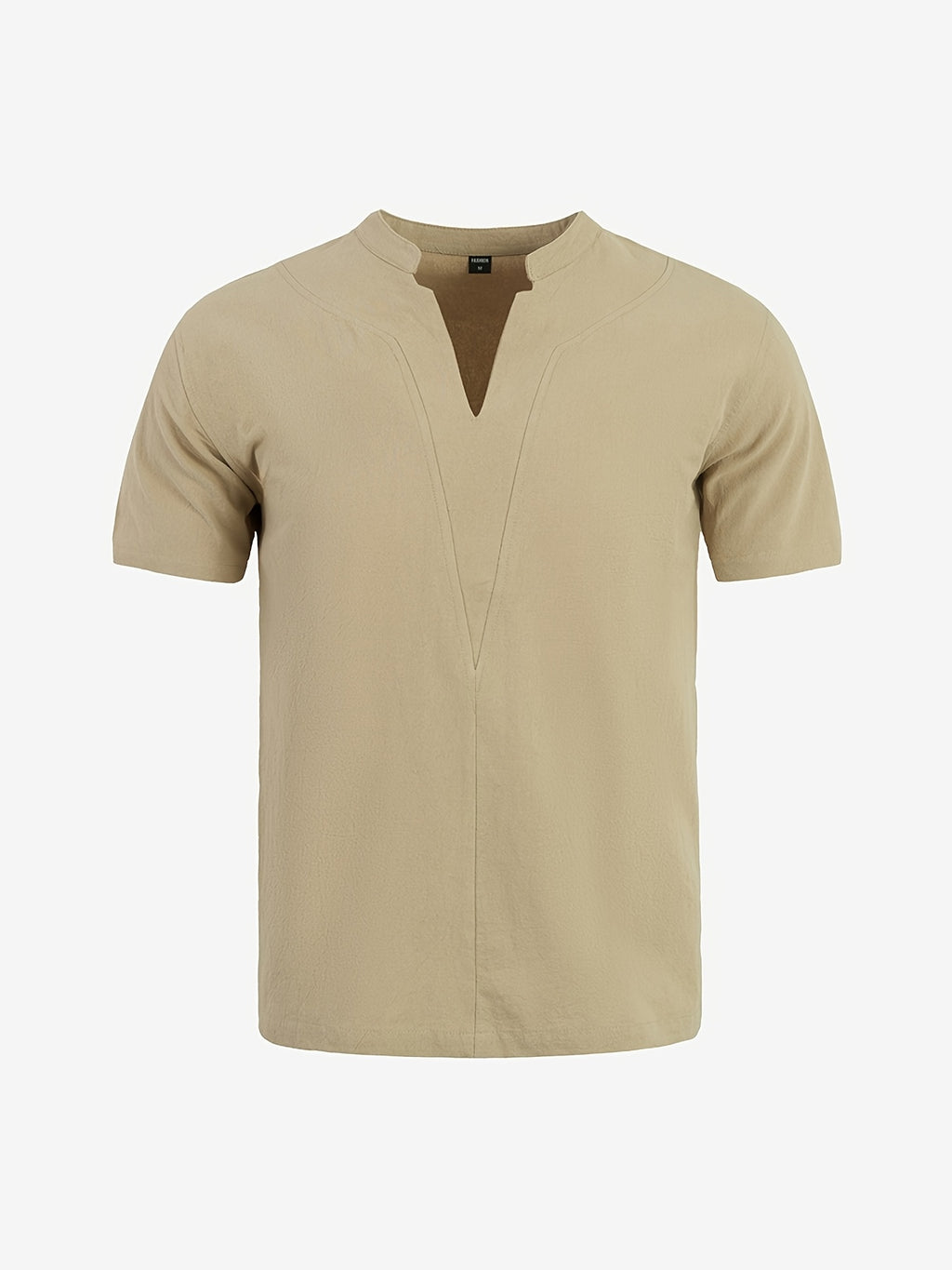 Men's Lightweight Linen Shirt Short Sleeve Summer Top - Breathable Relaxed Fit Stand Collar Beach Suitable for Travel, Resort Wear, Casual Vacation, Machine Washable Solid Color for Holiday Daily Outfit - Khaki