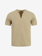 Men's Lightweight Linen Shirt Short Sleeve Summer Top - Breathable Relaxed Fit Stand Collar Beach Suitable for Travel, Resort Wear, Casual Vacation, Machine Washable Solid Color for Holiday Daily Outfit - Khaki