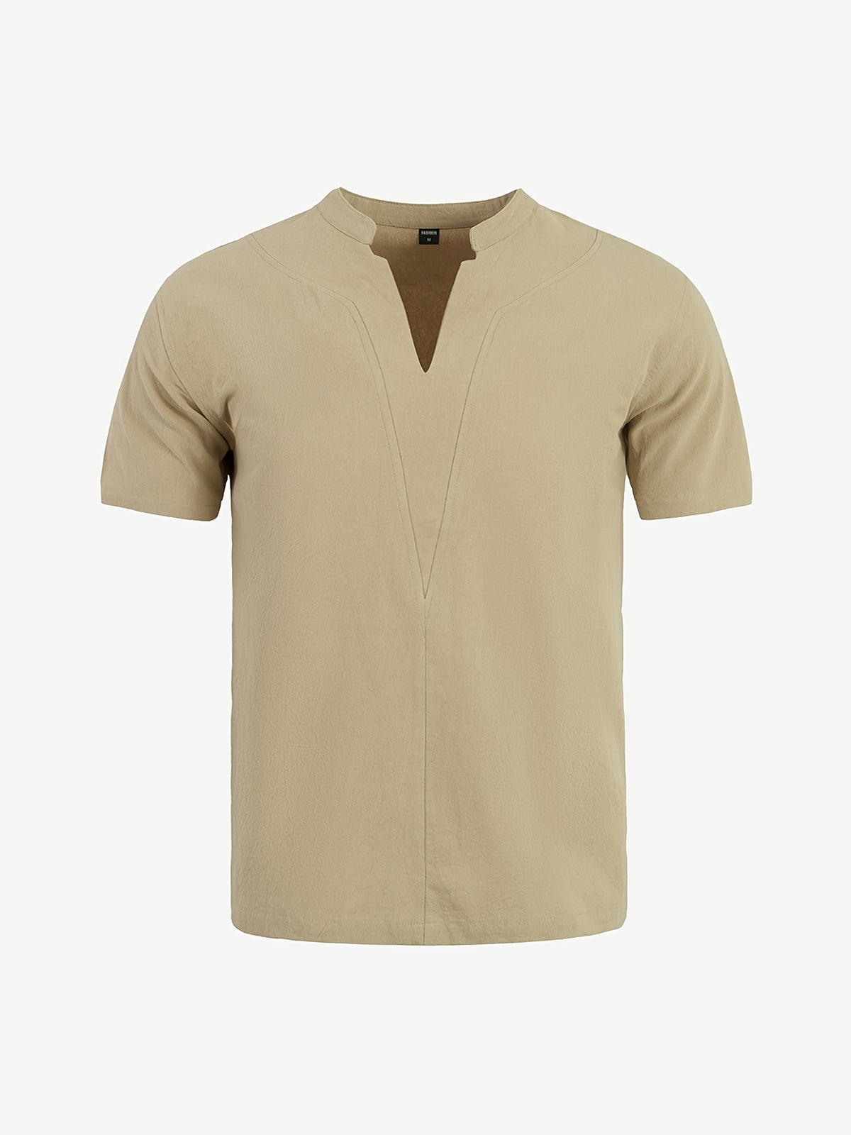 Men's Lightweight Linen Shirt Short Sleeve Summer Top - Breathable Relaxed Fit Stand Collar Beach Suitable for Travel, Resort Wear, Casual Vacation, Machine Washable Solid Color for Holiday Daily Outfit - Khaki