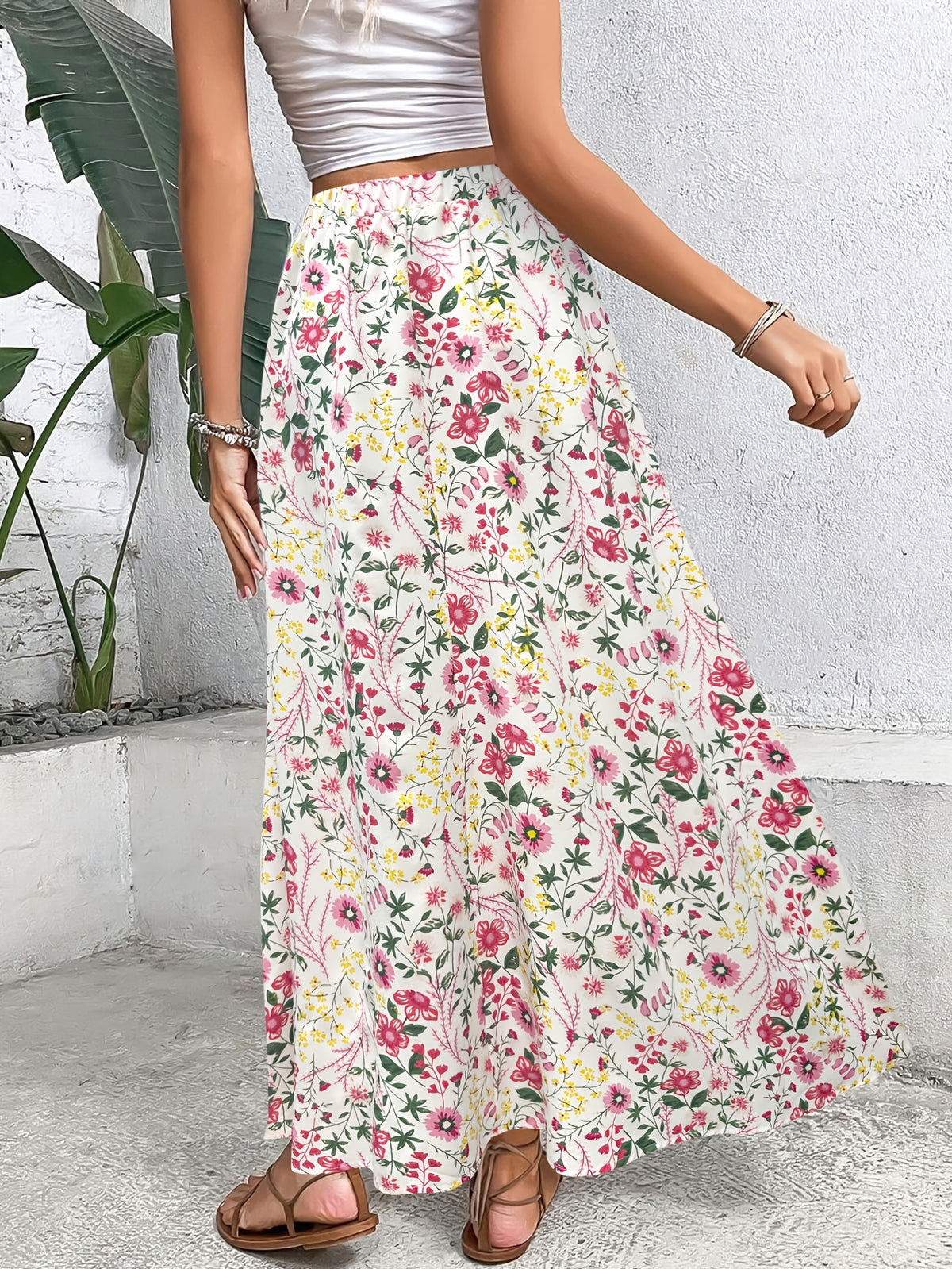 Women's Elegant Spring/Summer Bohemian Vacation Style Beach Skirt with Floral Print, High Waist, Long Skirt - Mixed colors