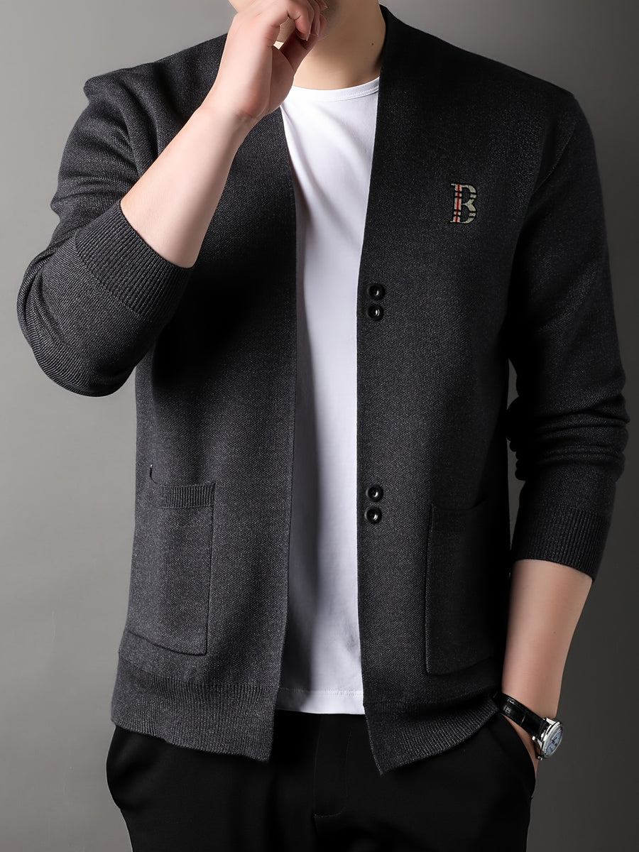 [Wading Whale OBM] Spring/Summer New Men'S Knit Cardigan, Old Money Style Solid Color V-Neck Long Sleeve Open Front Sweater with Single Button Closure And Ribbed Texture, Side Pockets And Chest Embroidery Design - Dark Gray