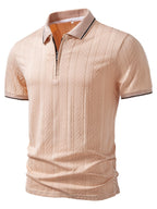 Joshmei OBM Men's Textured Jacquard Zipper Collar Polo Y Stretch T-Shirt Casual Style Polo Shirt - Khaki