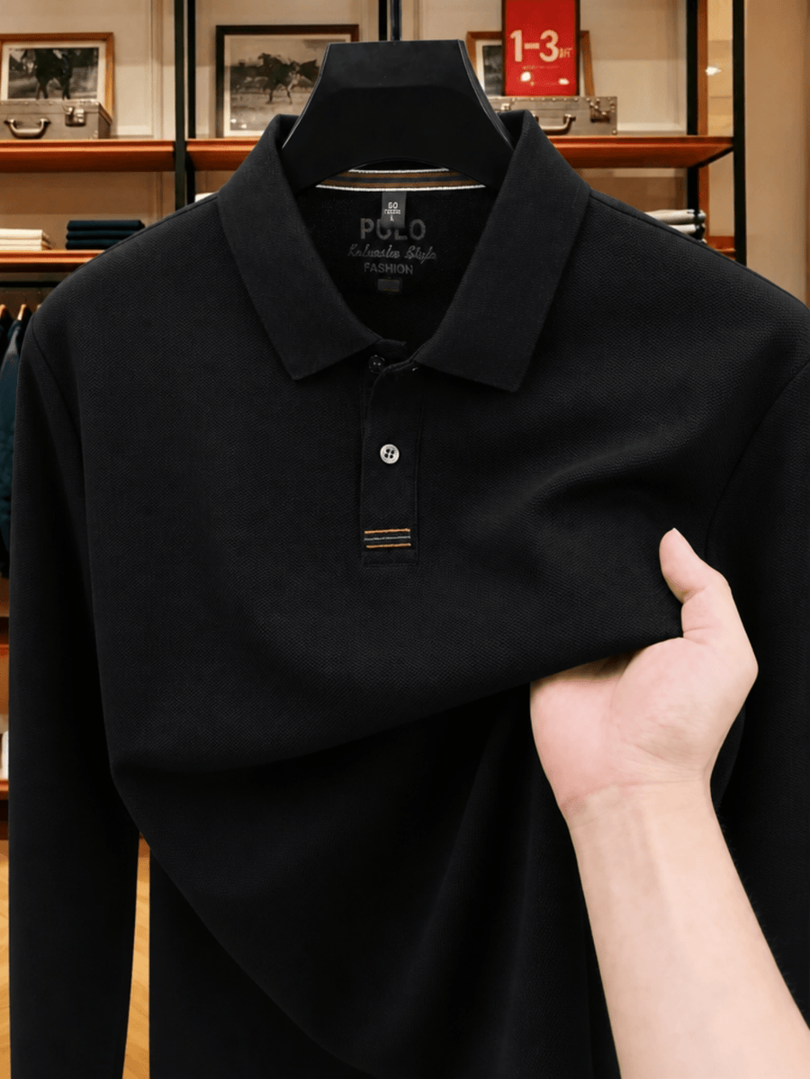 Men's Golf, Casual, Fishing, Tennis, Sports Solid Color Top, Spring/Autumn Apparel for Middle-aged and Young Men, Soft and Skin-friendly Piqué Pure Fabric, Long-Sleeve Polo Shirt, Men's Long-Sleeve T-Shirt, New Spring/Autumn Casual Turn- Collar Solid - Black