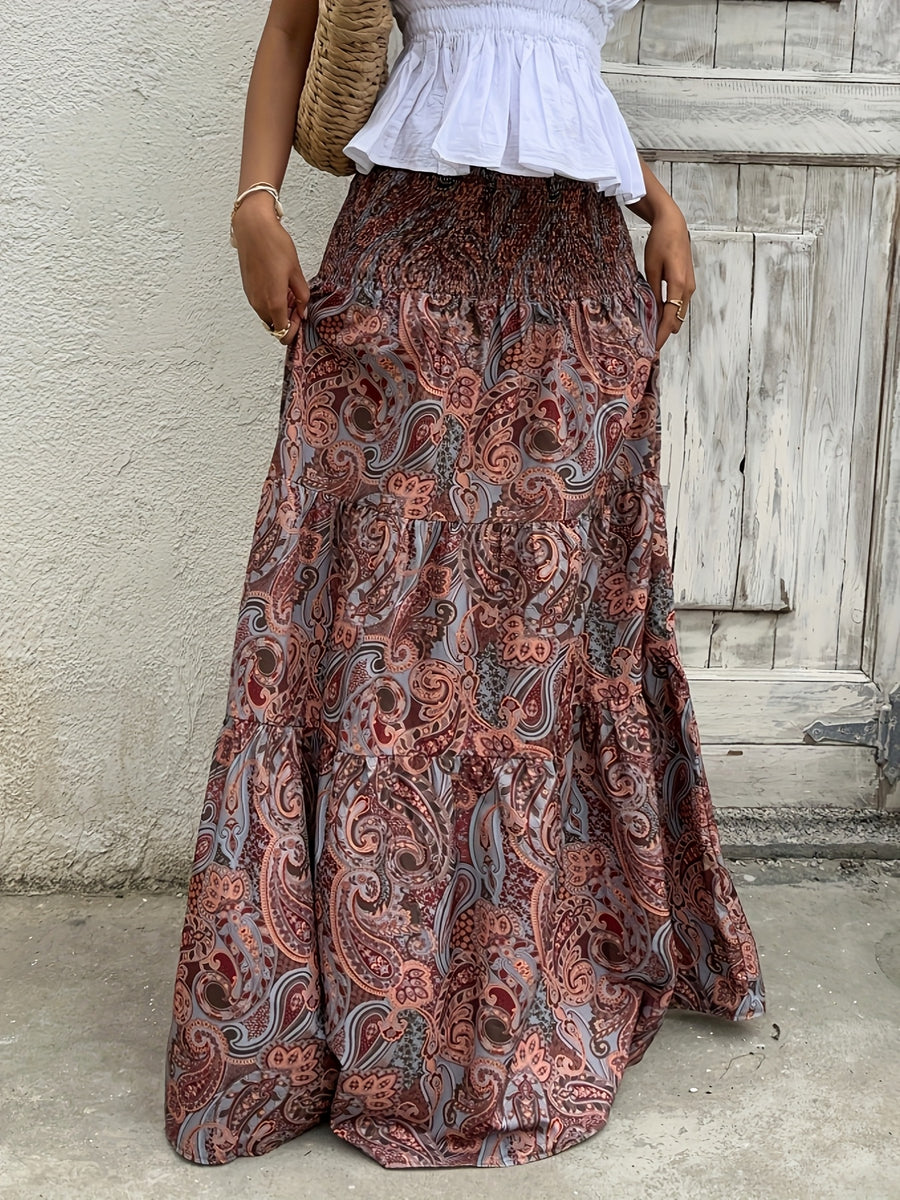 Women's Bohemian Summer Dress - Gypsy Print Maxi Skirt - High Waist, Flared A-Line with Geometric Pattern, Slim Fit Long Flowy Hem for Elegant Casual Beach and Outdoor Outfits - Reddish Brown