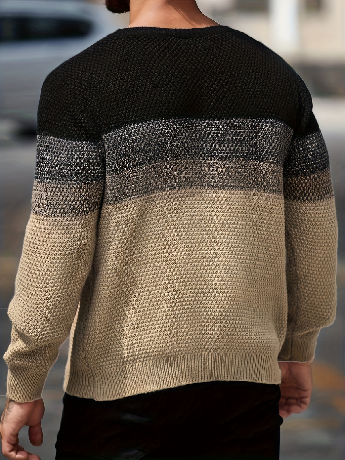JANE DRESSINGLOG Men's Autumn/Winter Gradient Color Block Design Trendy Knit Pullover, Men's Contrast Color Knit Sweater - Black Apricot