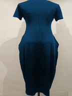 Sapu Directional Fake European And American Cross-Border Spring And Summer New Women'S Clothing Solid Color Short-Sleeved Women'S Summer Dress V-Neck Pocket Long Dress - Peacock Blue