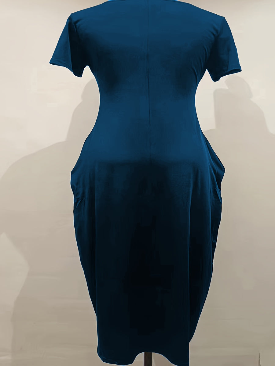 Sapu Directional Fake European And American Cross-Border Spring And Summer New Women'S Clothing Solid Color Short-Sleeved Women'S Summer Dress V-Neck Pocket Long Dress - Peacock Blue