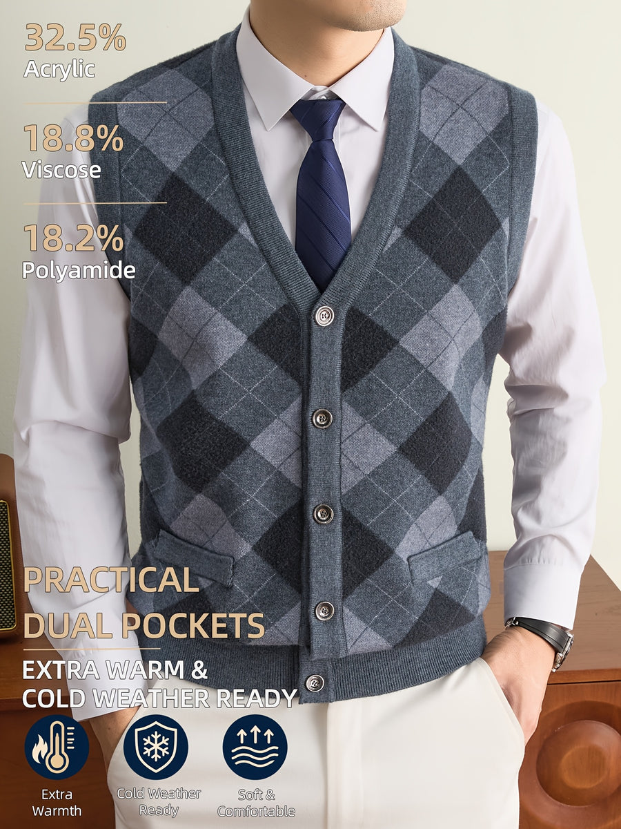New Autumn/Winter Men's Knitted Vest with V-Neck, Tie Pockets, and Rhombus Pattern Design. Warm, Cold-Resistant, Soft, and Comfortable Sweater Vest. Simple, Elegant, and Versatile, Suitable for Daily, Business, Casual, and Camping Wear. The First - Light Grey