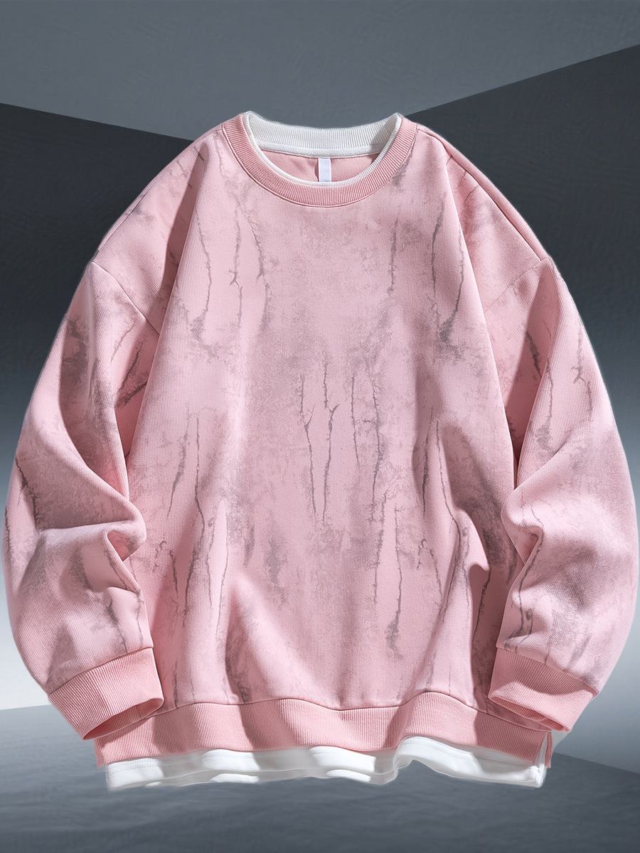 Autumn And Winter New Men'S Trendy Round Neck Sweatshirt, 320 Gram Blend Tie-Dye Sweatshirt, Fashionable Fake Two-Piece Pullover - Pink Color