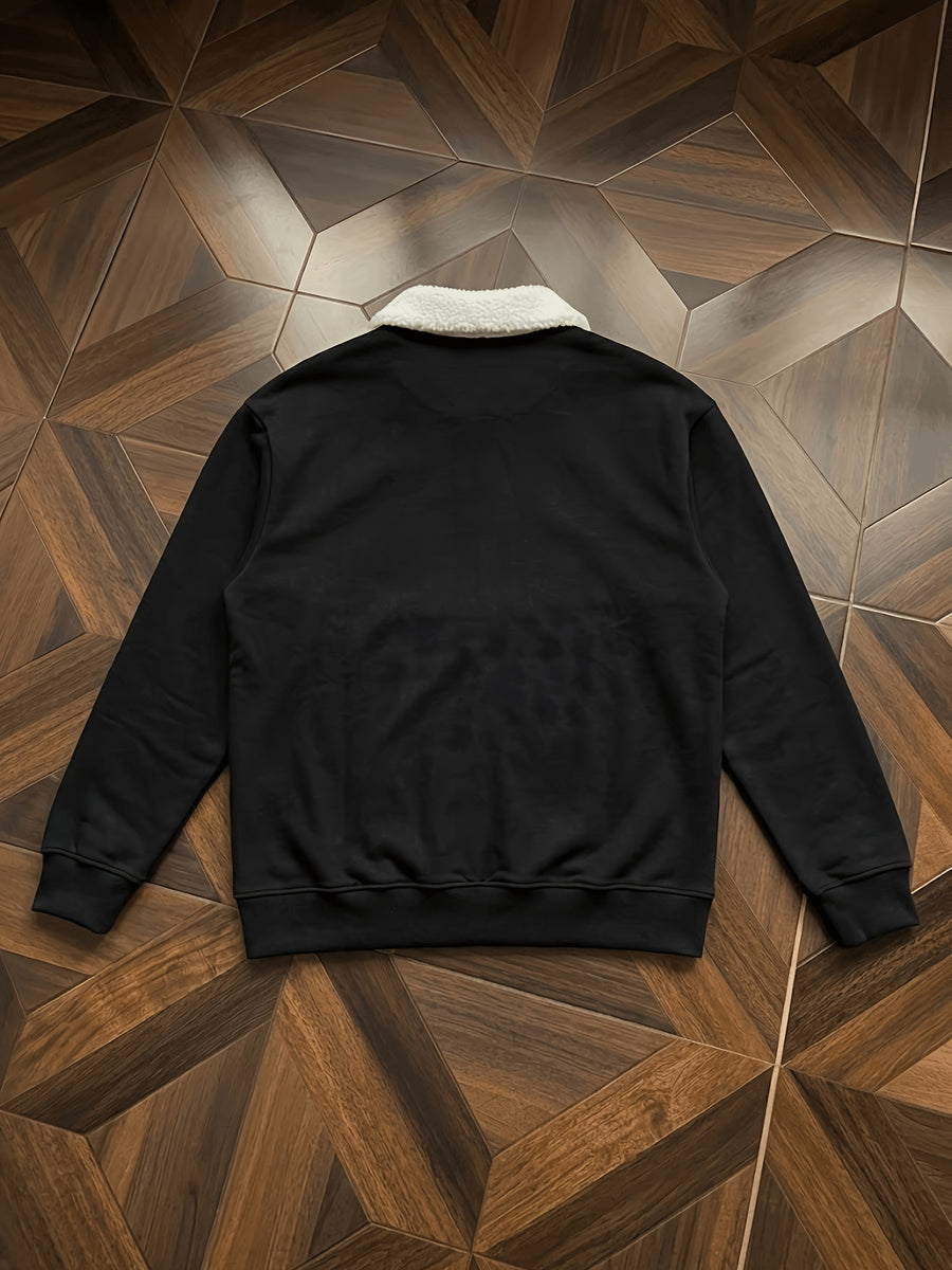 1pc Men'S Plush Lapel Polo Sweatshirt, Leopard R Letter Print, Retro American Casual Style, Autumn Loose Drop Shoulder Fit, Casual Daily Outwear - Black