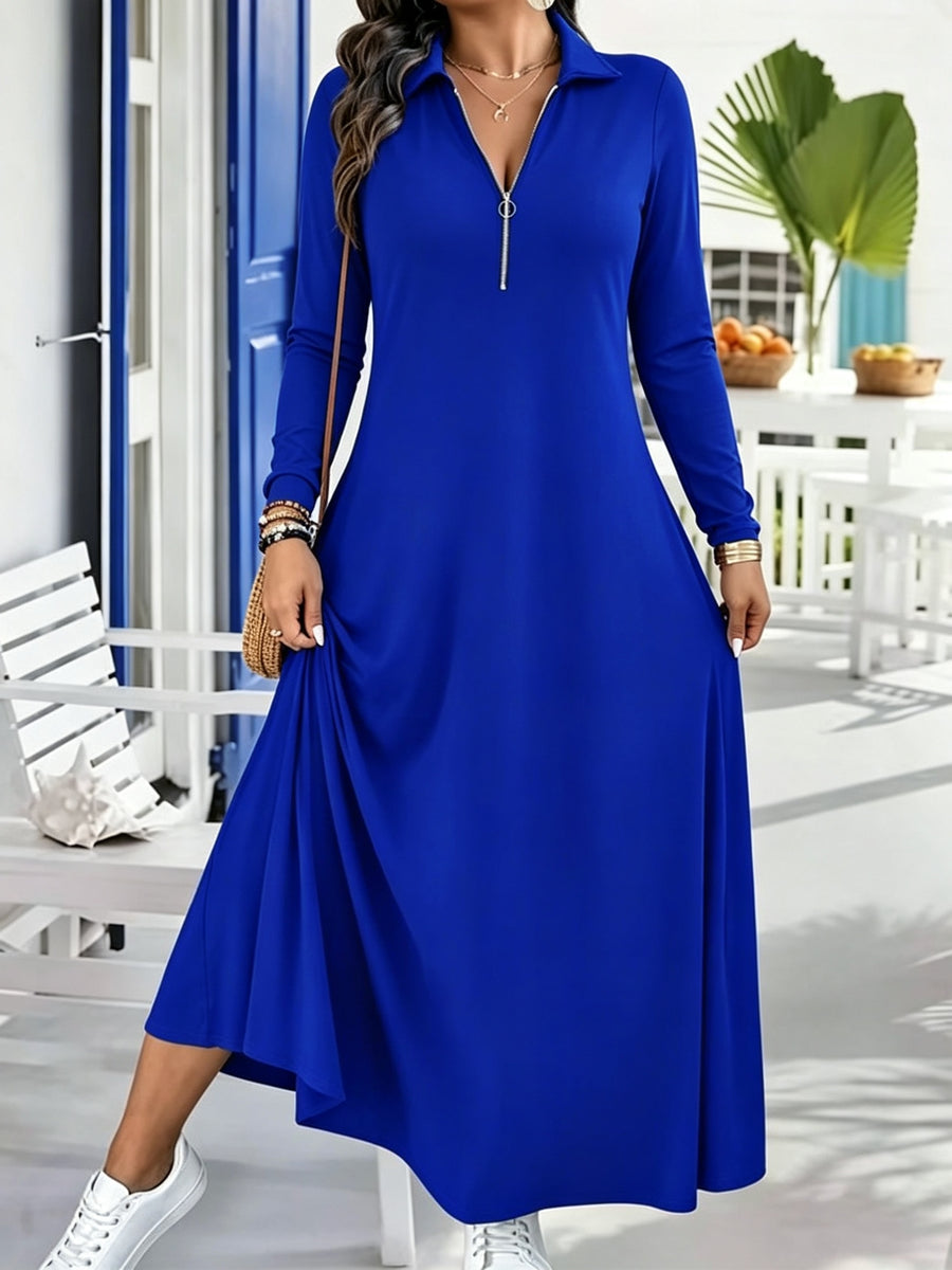 Plus Size, Plus Size Elegant Lapel Collar Zipper Dress - Full-Length -Line Maxi Dress with -Free, Machine Washable Winter Dress Suitable for, Weddings, Formal Events, Solid Color Long Sleeve Outfits - Blue