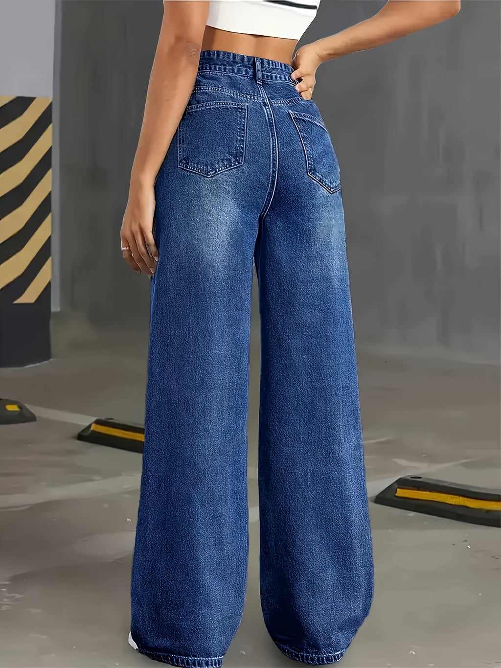 Women's Denim Straight Pants Loose Fit European and American Style - Medium Blue