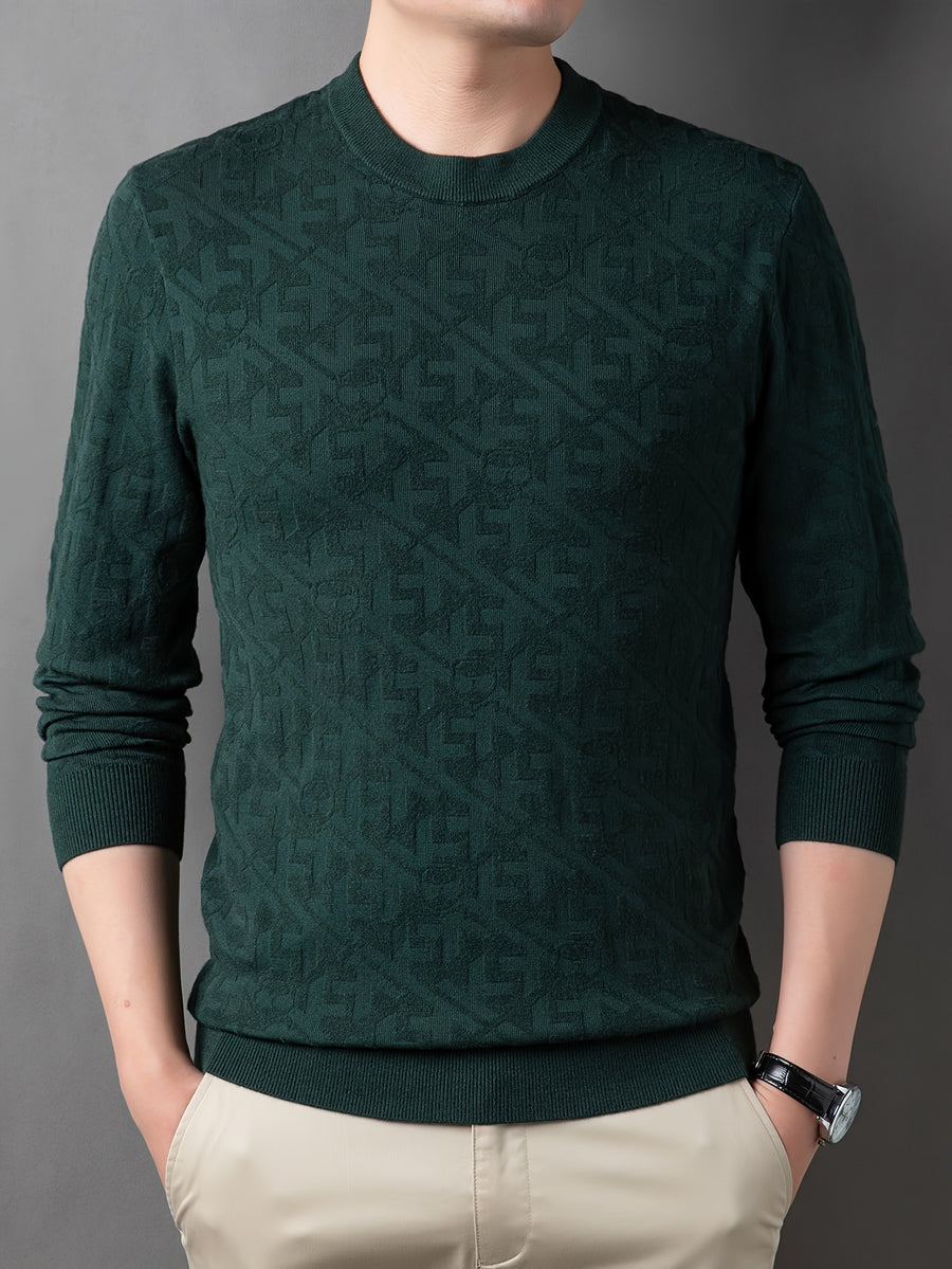 Men'S Round Neck Jacquard Sweater Spring Autumn Tight Thin Business Casual Knit Pullover Top - Dark Green
