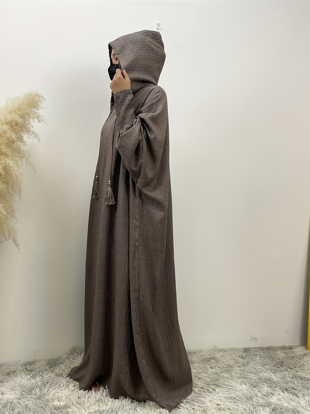 Fashionable Muslim Batwing Sleeve Hooded Abaya Casual Hooded Dress - Dark Brown