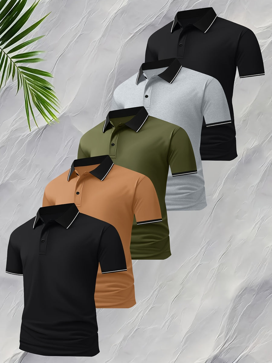5pcs Summer Lapel Men's Shirts, Solid Color Plain Short Sleeve Shirts, Multi-Color Workwear, Casual Sportswear, Men's Executive Tops - Mixed colors