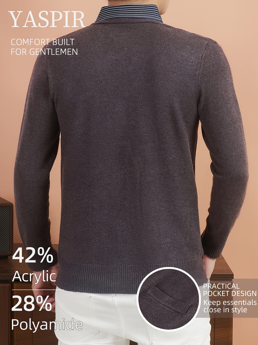 Men'S Layered Polo Collar Cardigan Design, Lightweight Refined Knitwear in Timeless Old Money Style, Perfect for Casual, Outdoor & Everyday Wear - Coffee Color