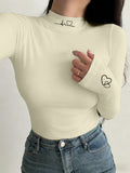 Women's High Neck Slim Fit T-Shirt - Thermal Base Layer Top with Heartbeat Line & Heart Print, Stretch Suitable for Winter Warmth, Machine Washable Layering Shirt, Cold-Resistant High Neck Blouse Style for Daily Wear (No Transparency) - Apricot